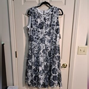Floral Sleeveless Dress - Navy and White